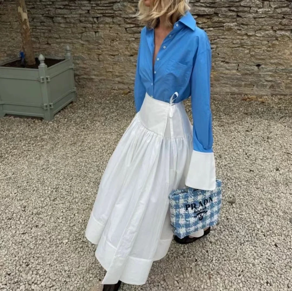 Helsa Midi Wrap Skirt in Tech Poplin in White - Picture 2 of 16